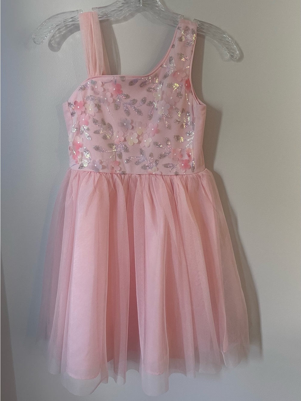Girl’s L (10-12) Cat & Jack Pink Floral Sequin One-Shoulder Tulle Party Dress